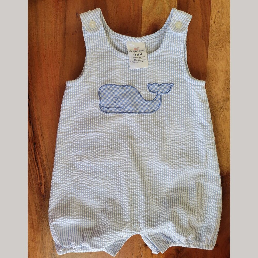Vineyard Vines Light Blue Seersucker Whale Romper
